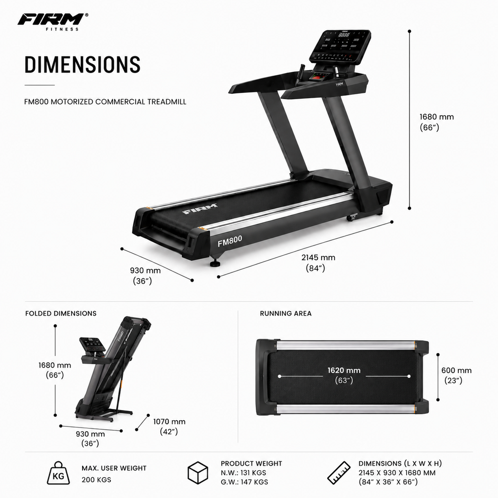 Firm FM800 Commercial Treadmill with 5/10 HP Motor & 15-Level Auto Incline