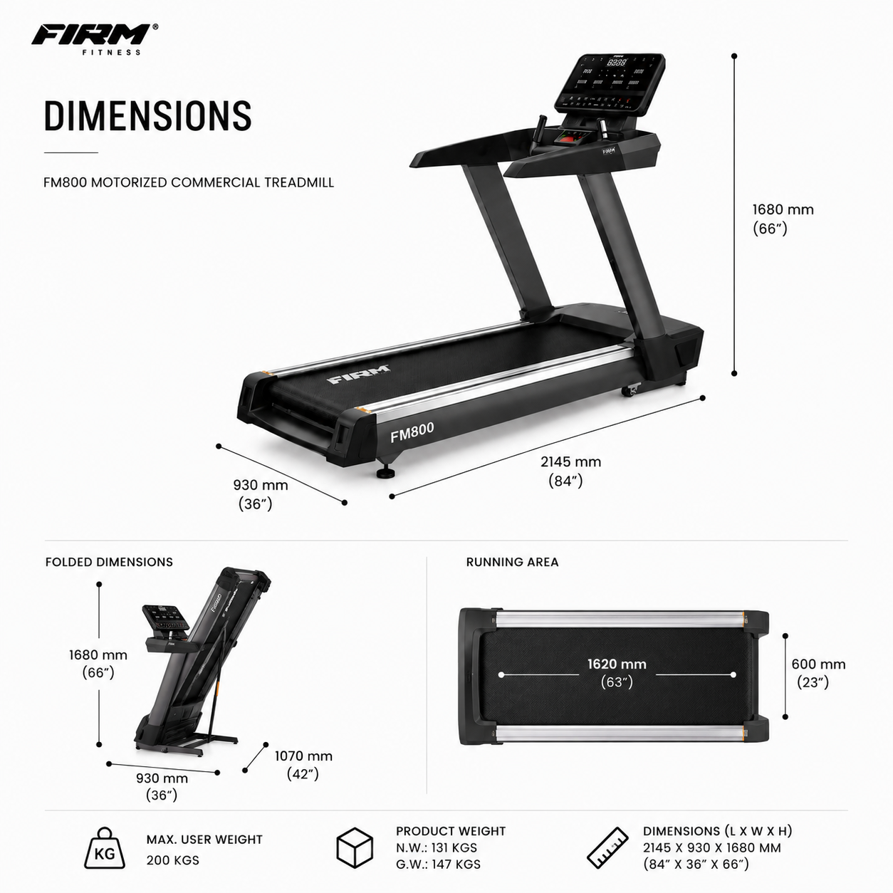 Firm FM800 Commercial Treadmill with 5/10 HP Motor & 15-Level Auto Incline