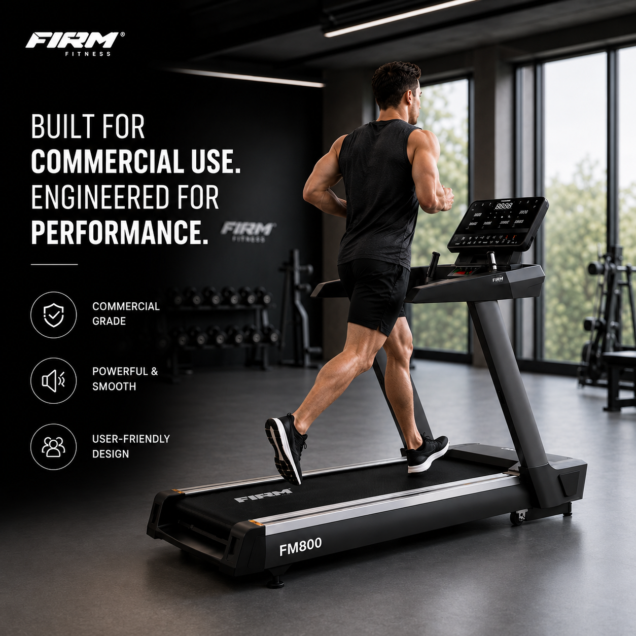 Firm FM800 Commercial Treadmill with 5/10 HP Motor & 15-Level Auto Incline