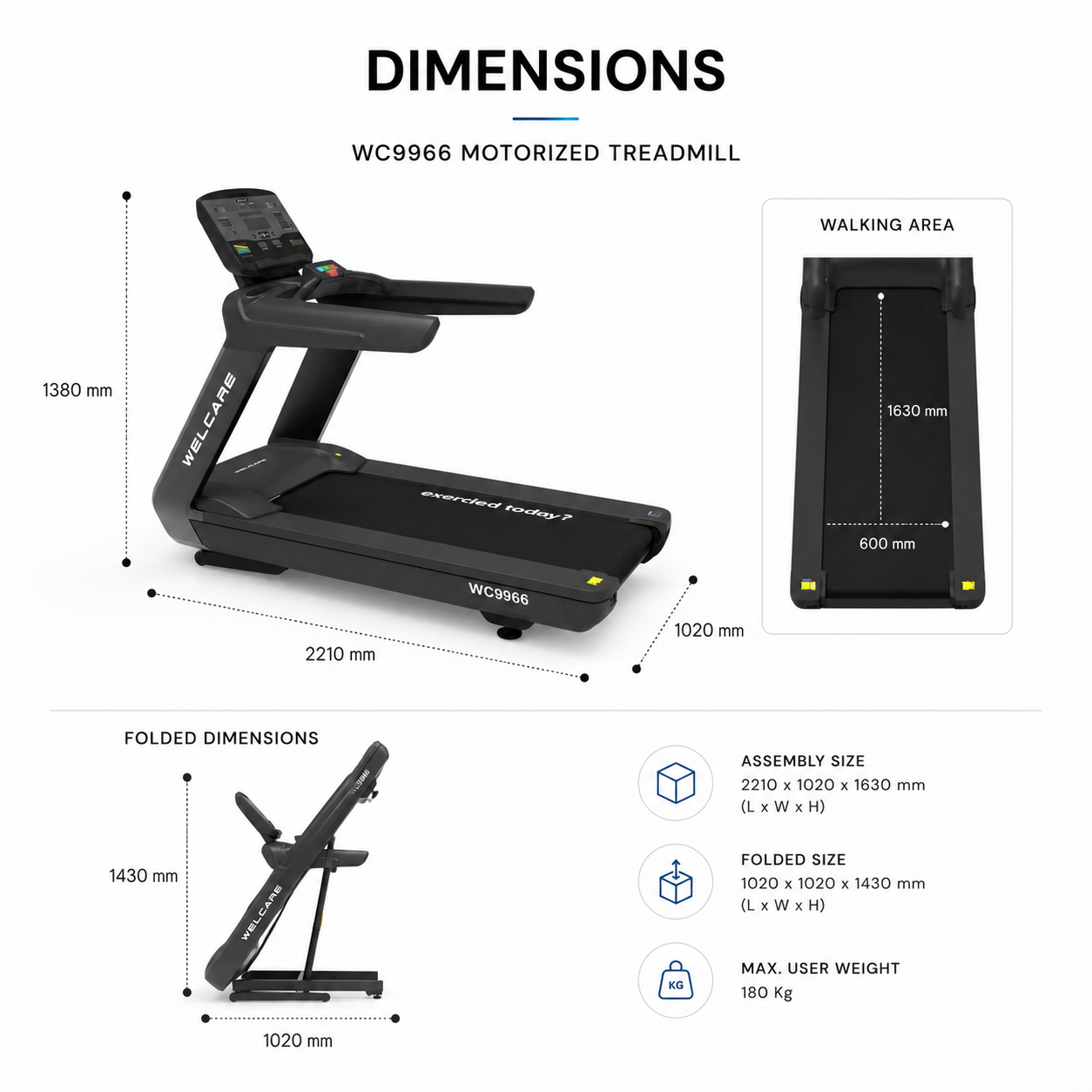 WC9966 Motorized Treadmill with 5.0/10.0 HP AC Motor & Auto Incline/Decline System