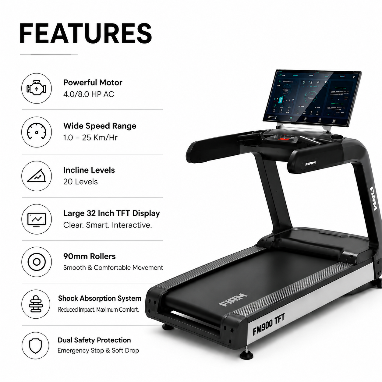 FIRM FM900TFT Commercial Treadmill with 32-Inch TFT Display & 4.0/8.0 HP AC Motor