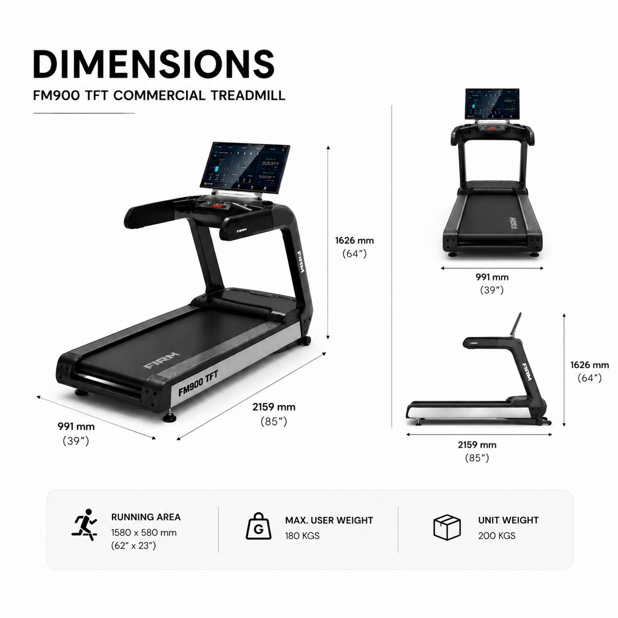 FIRM FM900TFT Commercial Treadmill with 32-Inch TFT Display & 4.0/8.0 HP AC Motor
