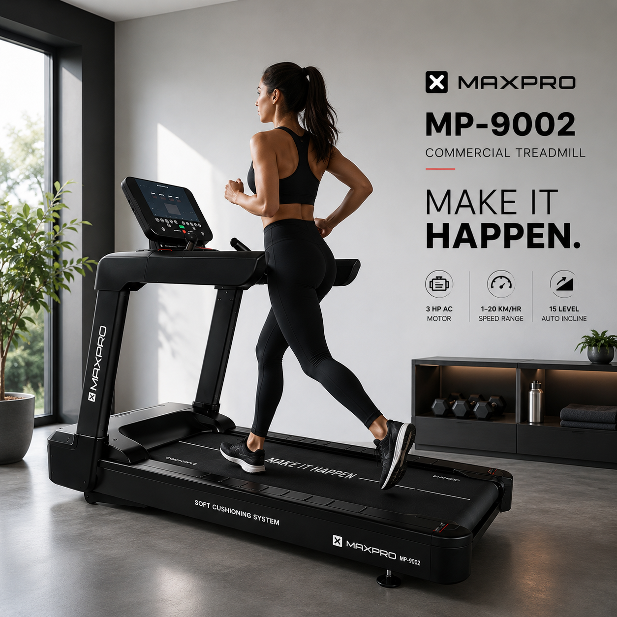 MP9002 Commercial Treadmill with 3 HP AC Motor & 15-Level Auto Incline