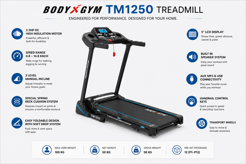 Body Gym TM1250 Motorized Treadmill – 2.5HP Folding Home Fitness Machine with LCD Display