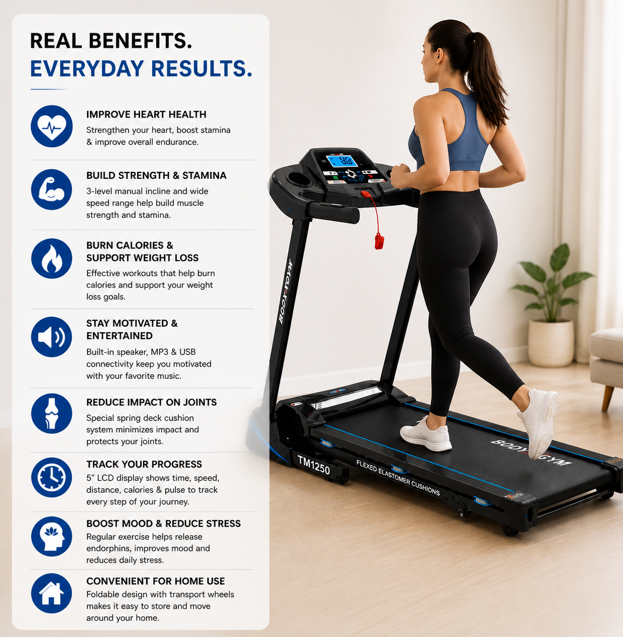 Body Gym TM1250 Motorized Treadmill – 2.5HP Folding Home Fitness Machine with LCD Display