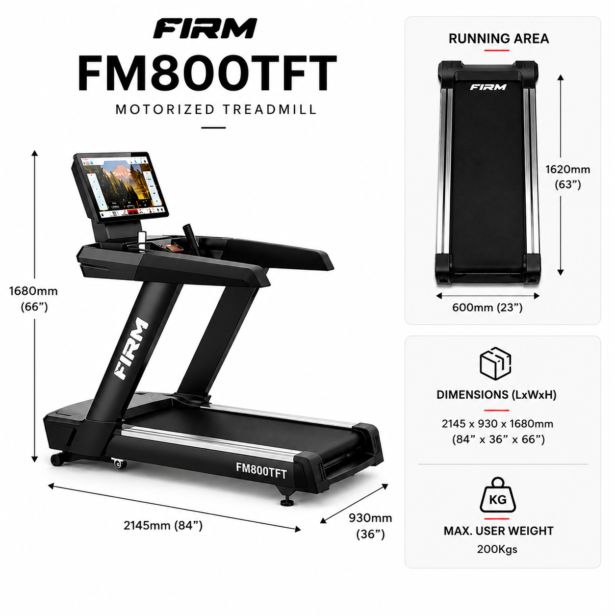 FIRM FM800TFT Motorized Treadmill with Smart TFT Display & Commercial Performance