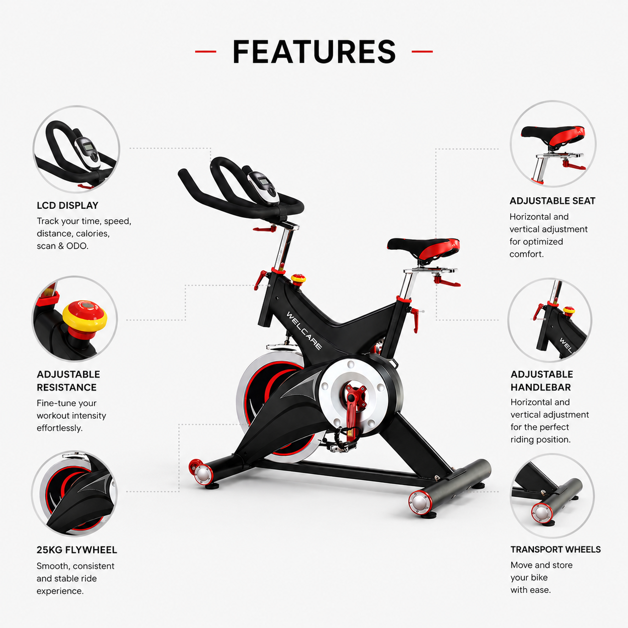 WELCARE WC4308 Commercial Spin Bike with 25 Kg Flywheel & LCD Display