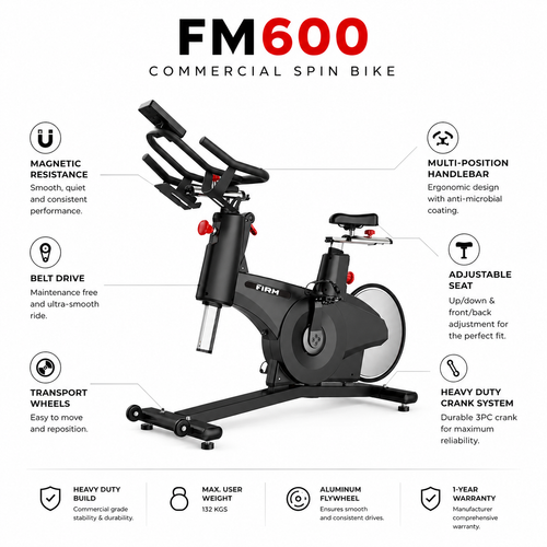 FIRM FM600 Commercial Spin Bike with Magnetic Resistance & Belt Drive System