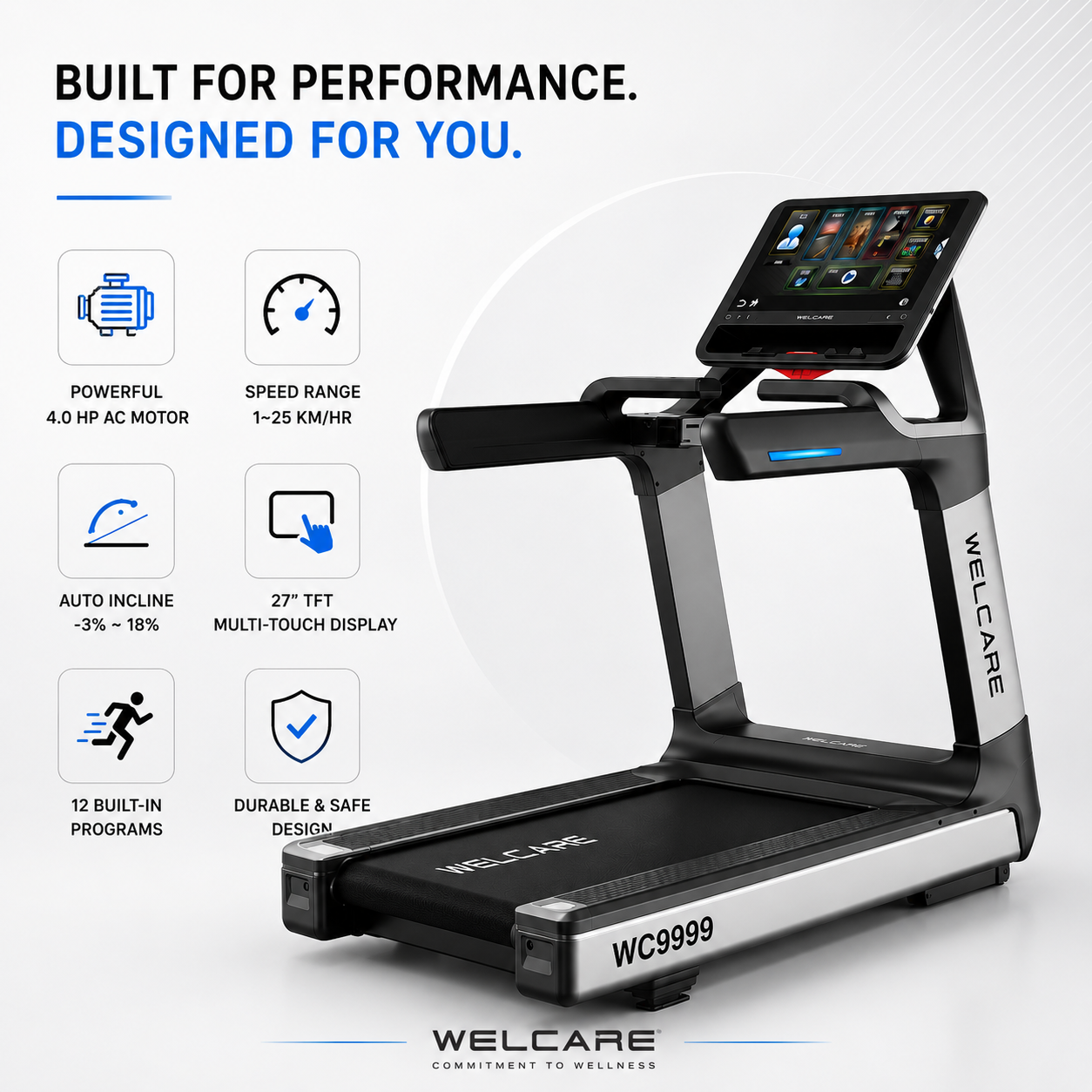 WC9999 TFT Smart Treadmill with 27-Inch HD Touch Display & 4.0 HP AC Motor