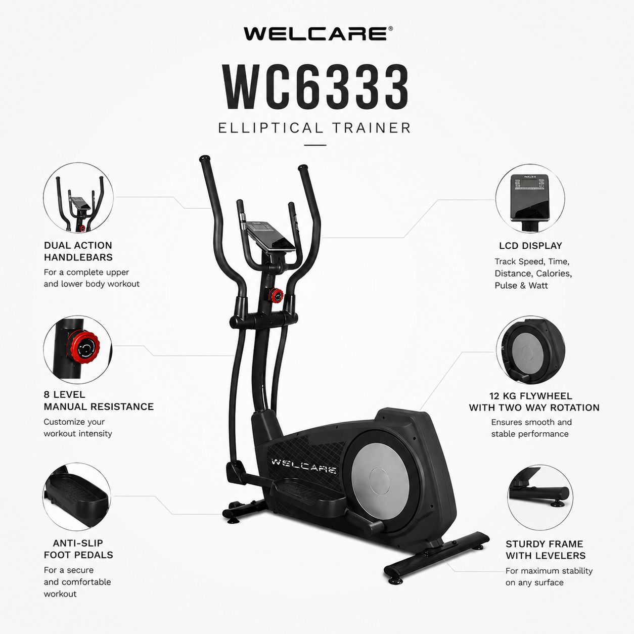 Welcare WC6333 Elliptical Trainer with 12 Kg Flywheel & 20” Stride Length