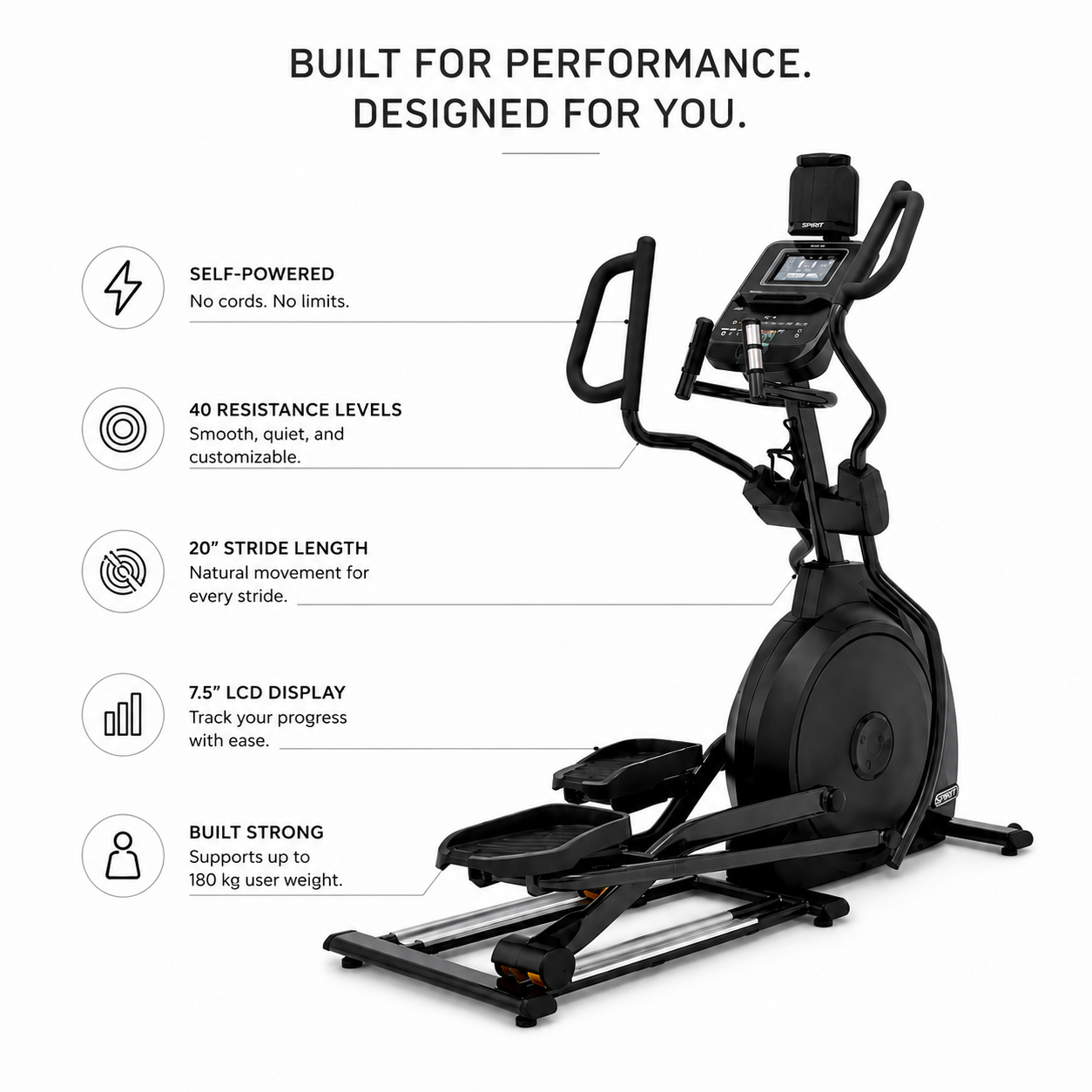 Spirit XE795 Self-Powered Elliptical Cross Trainer with 40 Resistance Levels & Bluetooth Connectivity