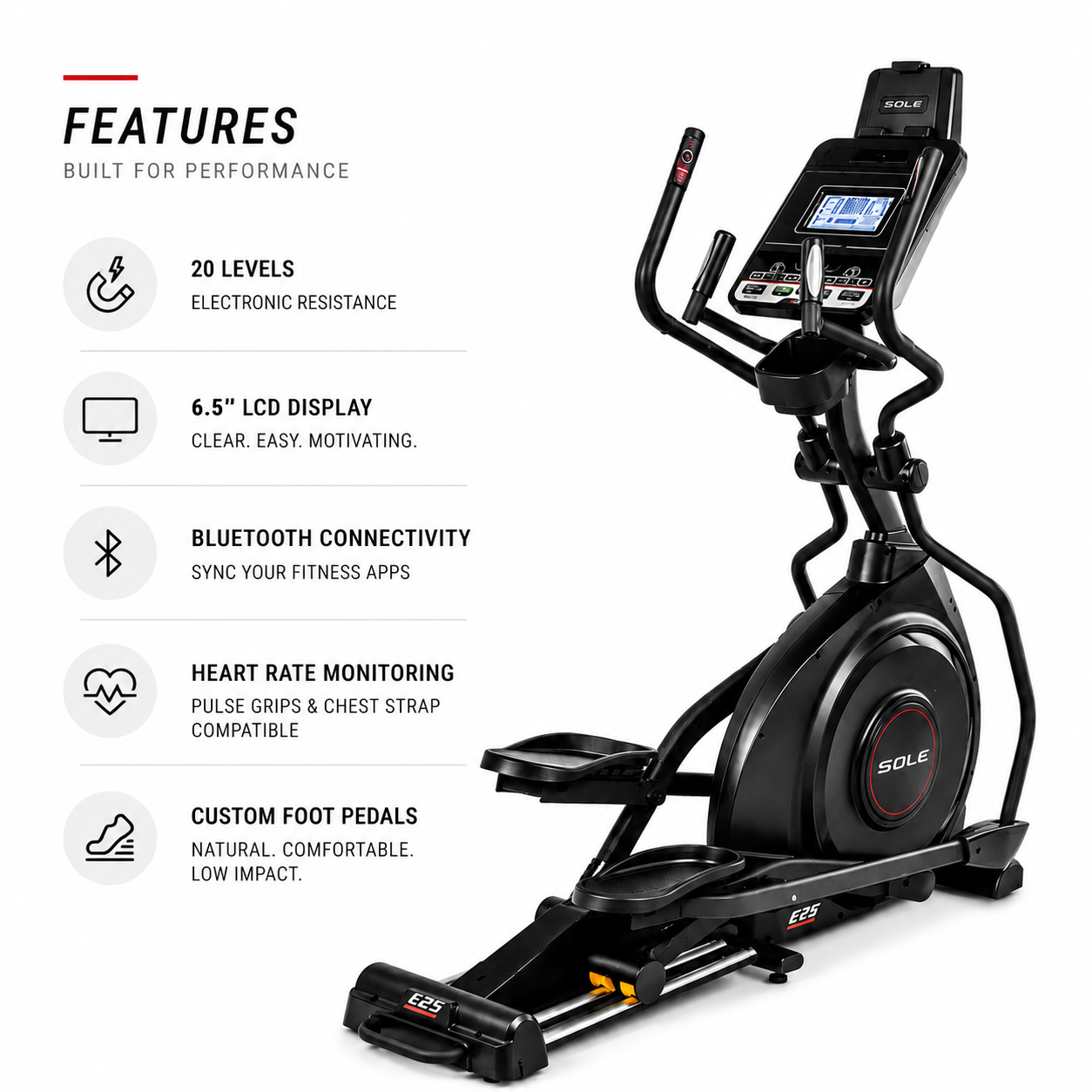 Sole E25 Elliptical Cross Trainer with Power Incline, Bluetooth & 20-Level Resistance
