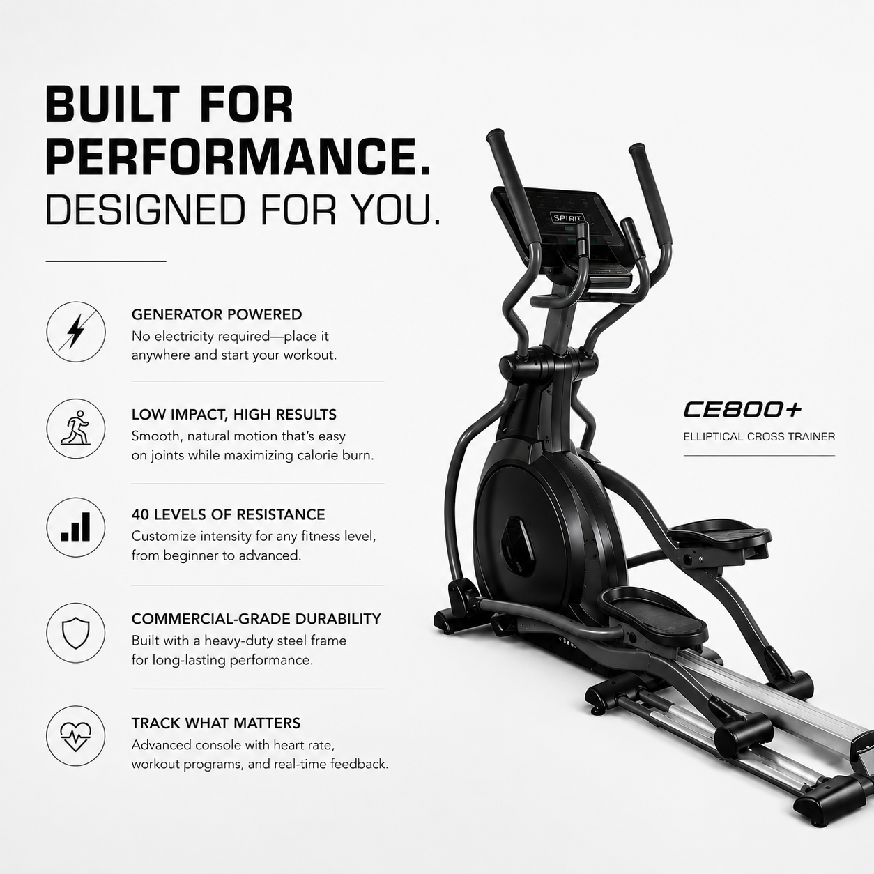 Spirit CE800+ Commercial Self-Generating Elliptical Cross Trainer with 40 Resistance Levels