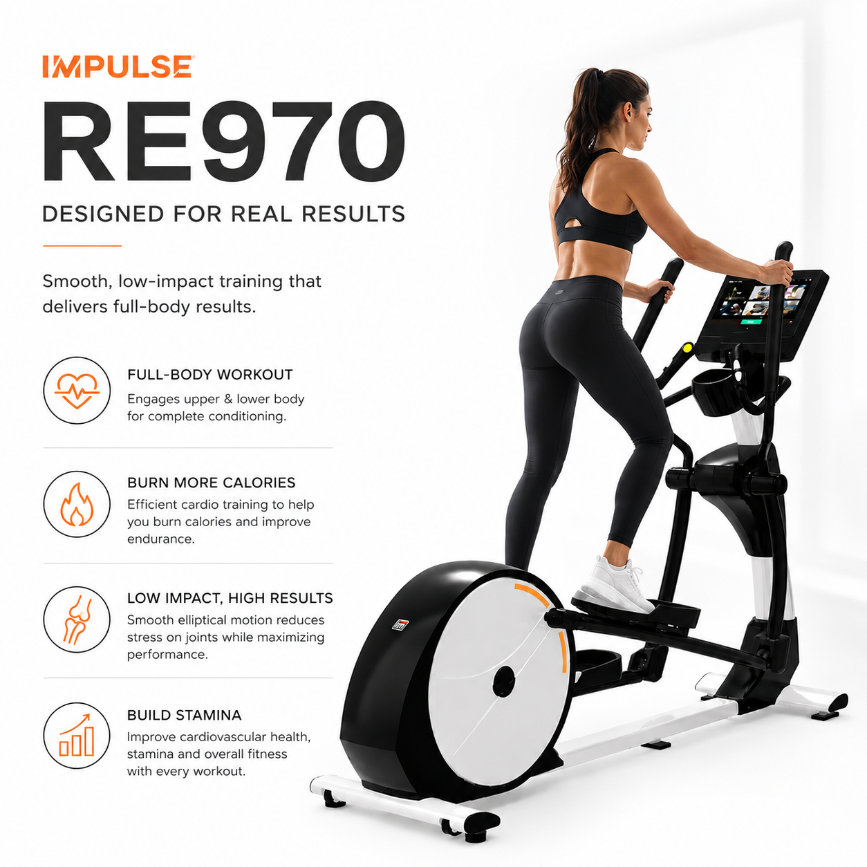 Impulse RE970 Touch Screen Elliptical Cross Trainer with 15.6” TFT Display & Hybrid Resistance System