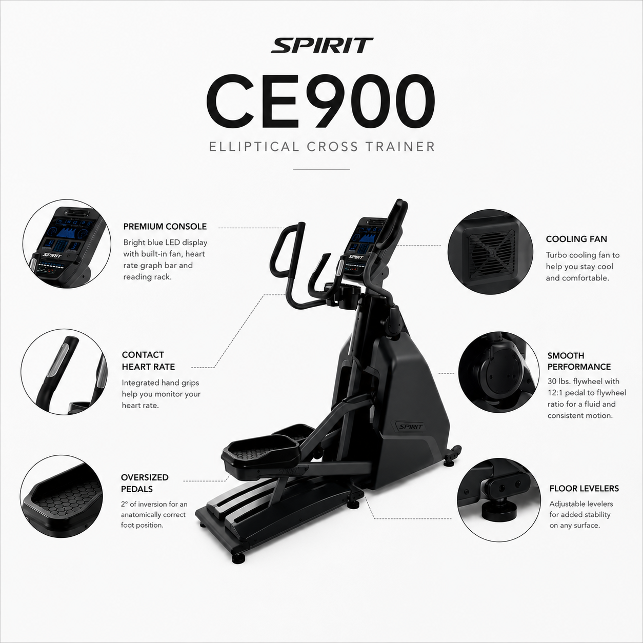 Spirit CE900 Commercial Self-Generating Elliptical Cross Trainer with 40 Resistance Levels