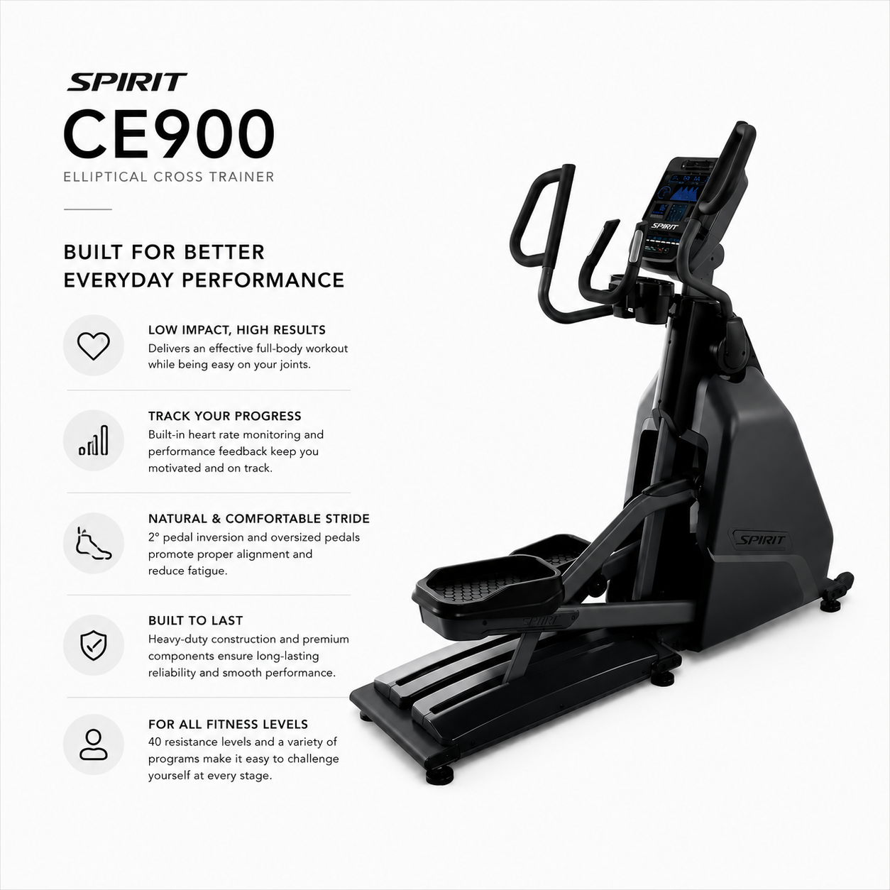 Spirit CE900 Commercial Self-Generating Elliptical Cross Trainer with 40 Resistance Levels