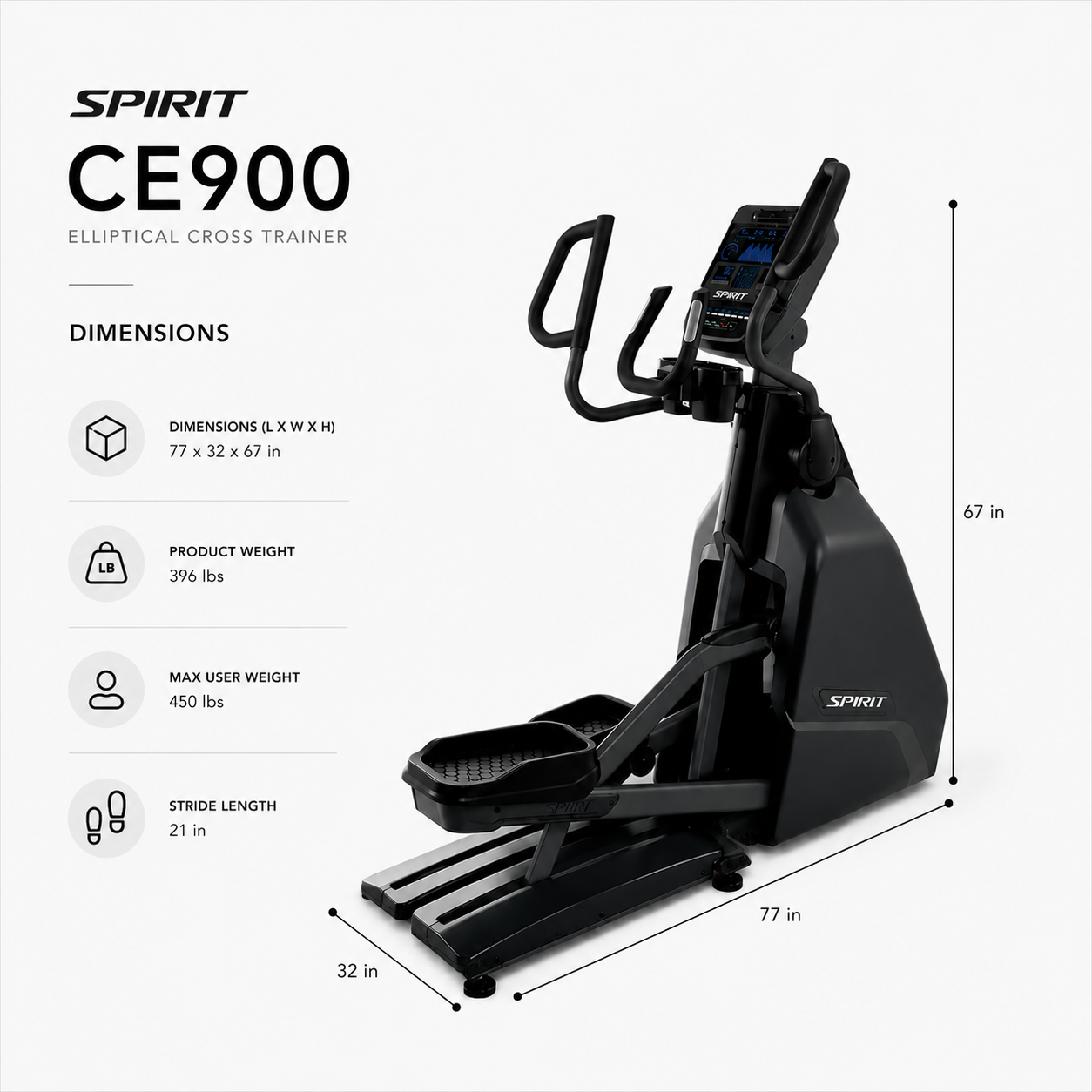 Spirit CE900 Commercial Self-Generating Elliptical Cross Trainer with 40 Resistance Levels
