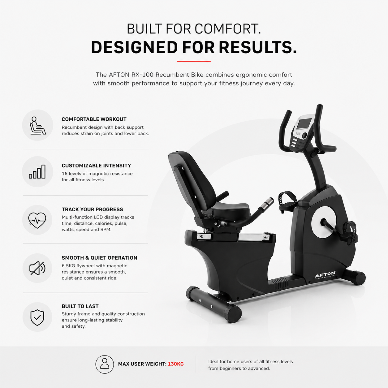 Afton RX-100 Recumbent Bike Trainer with 16-Level Resistance & LCD Console