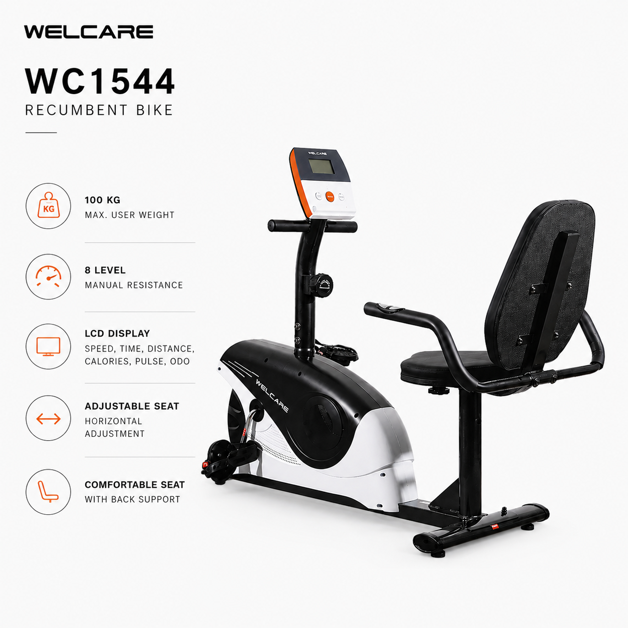 Welcare WC1544 Recumbent Bike with 8-Level Resistance & LCD Display