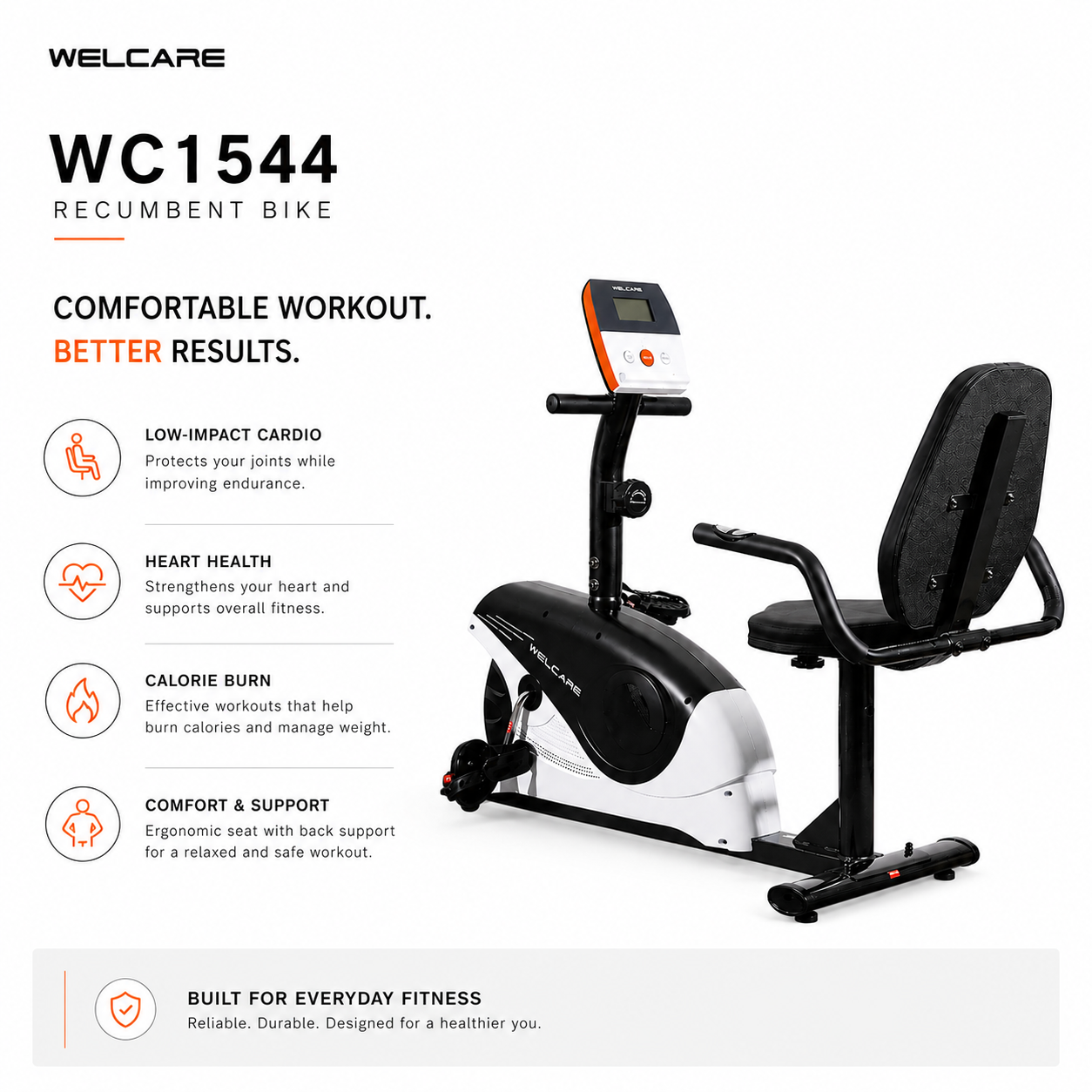 Welcare WC1544 Recumbent Bike with 8-Level Resistance & LCD Display