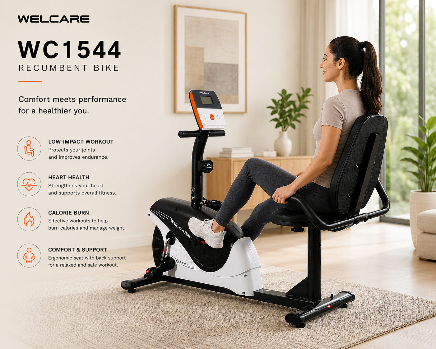 Welcare WC1544 Recumbent Bike with 8-Level Resistance & LCD Display