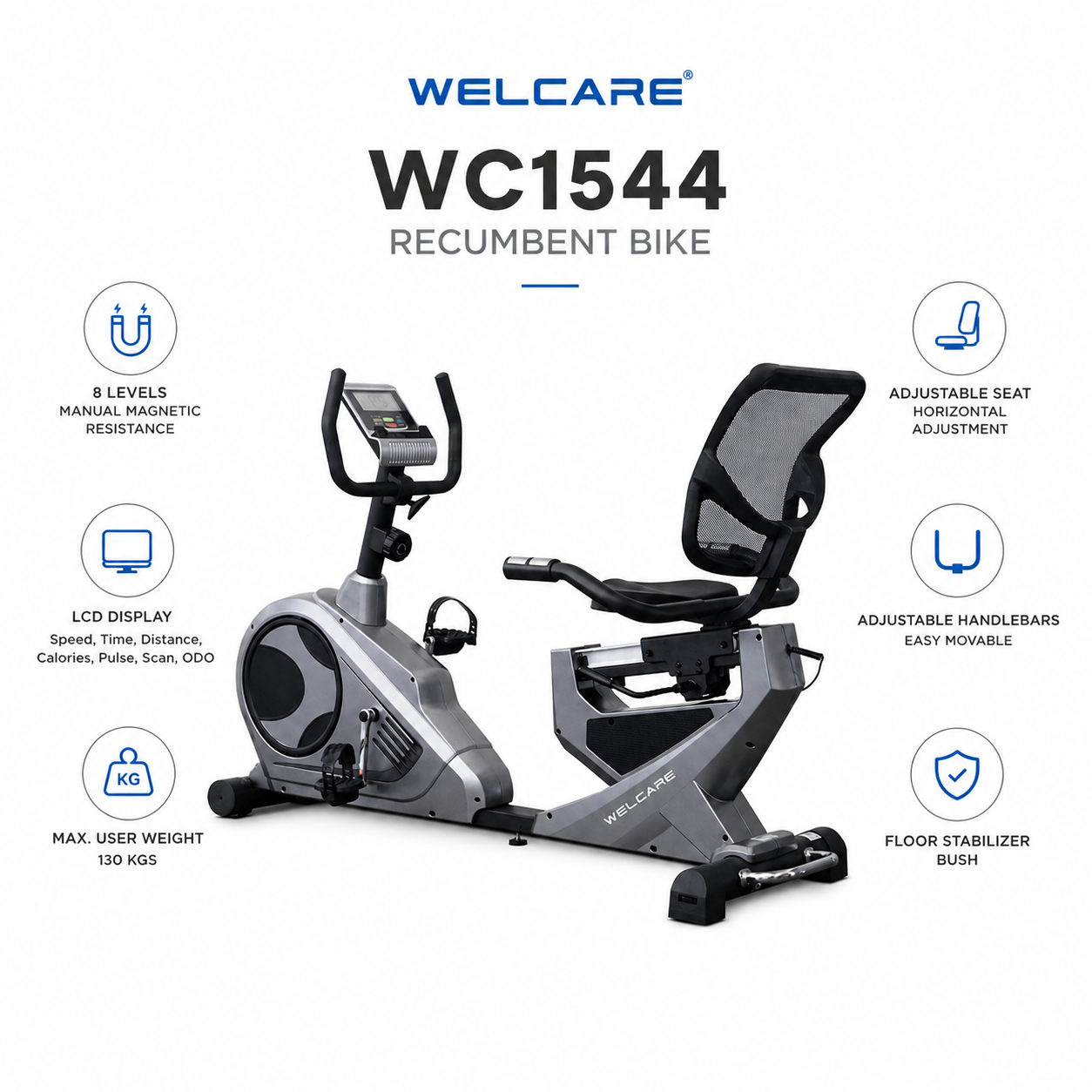 Welcare WC1588 Recumbent Bike with 10 Kg Flywheel & 8-Level Magnetic Resistance