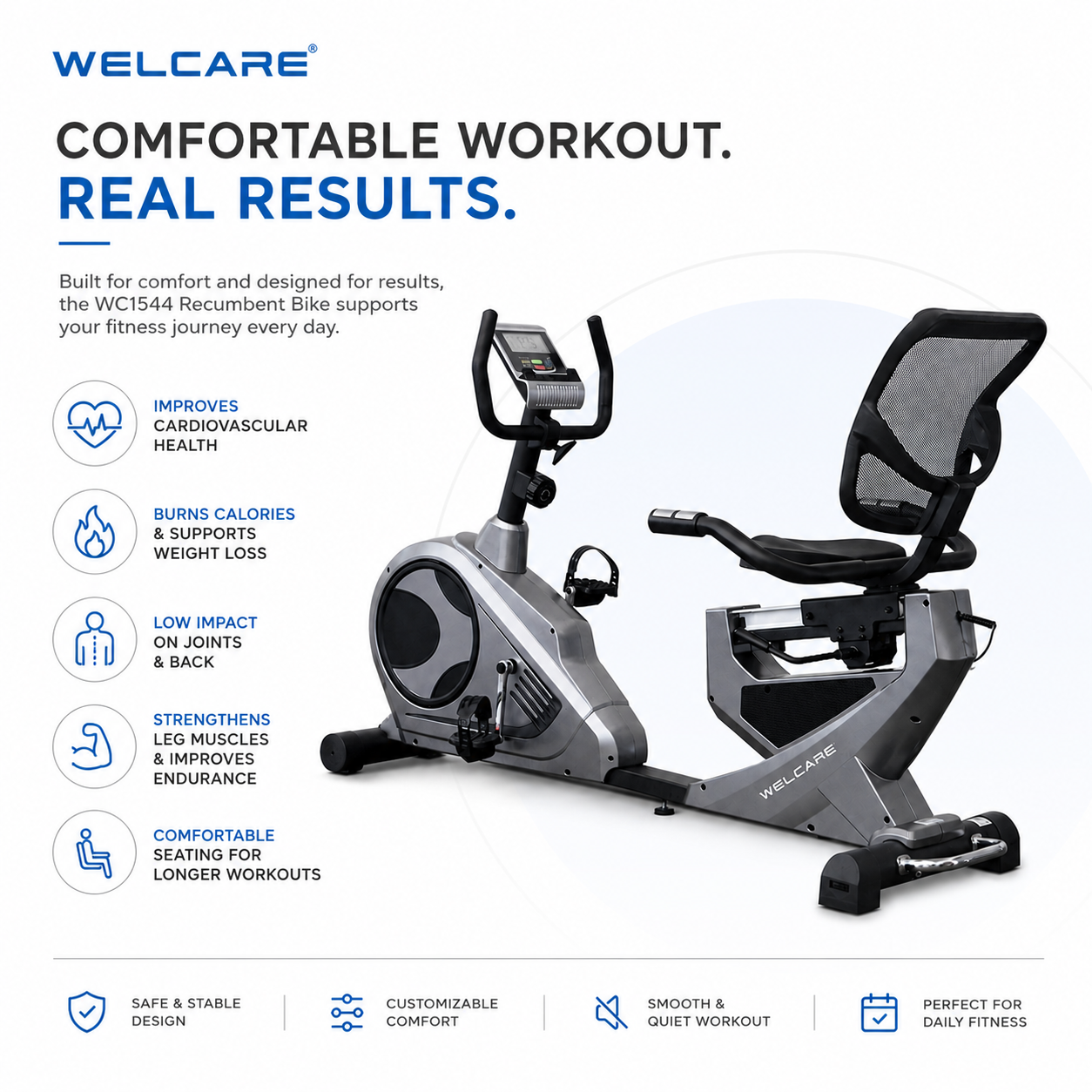 Welcare WC1588 Recumbent Bike with 10 Kg Flywheel & 8-Level Magnetic Resistance