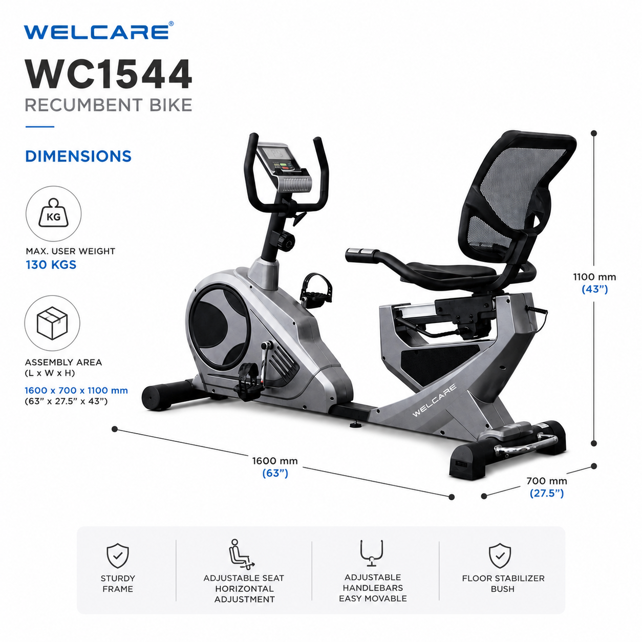 Welcare WC1588 Recumbent Bike with 10 Kg Flywheel & 8-Level Magnetic Resistance