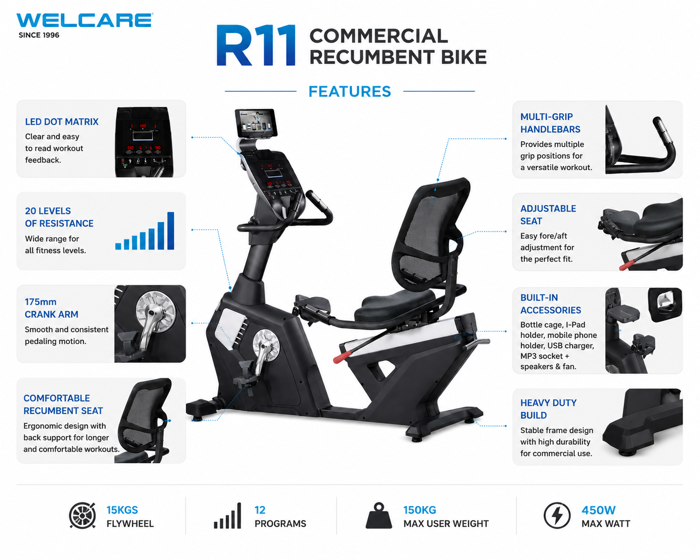 WELCARE R11 Commercial Recumbent Bike with 20-Level Resistance & LED Dot Matrix Display