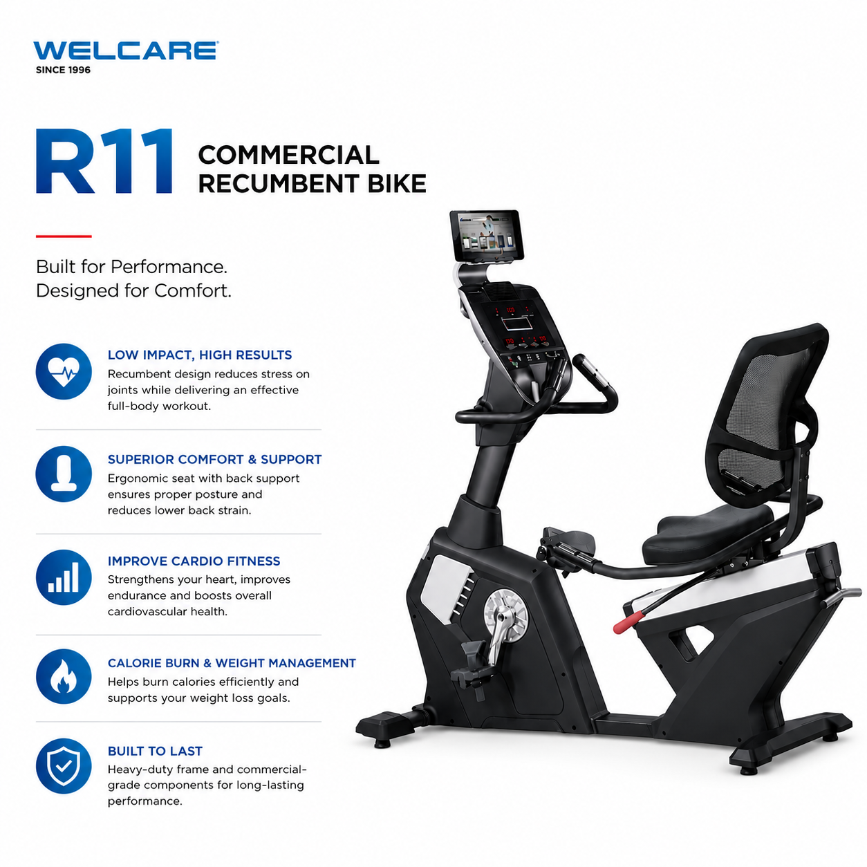 WELCARE R11 Commercial Recumbent Bike with 20-Level Resistance & LED Dot Matrix Display