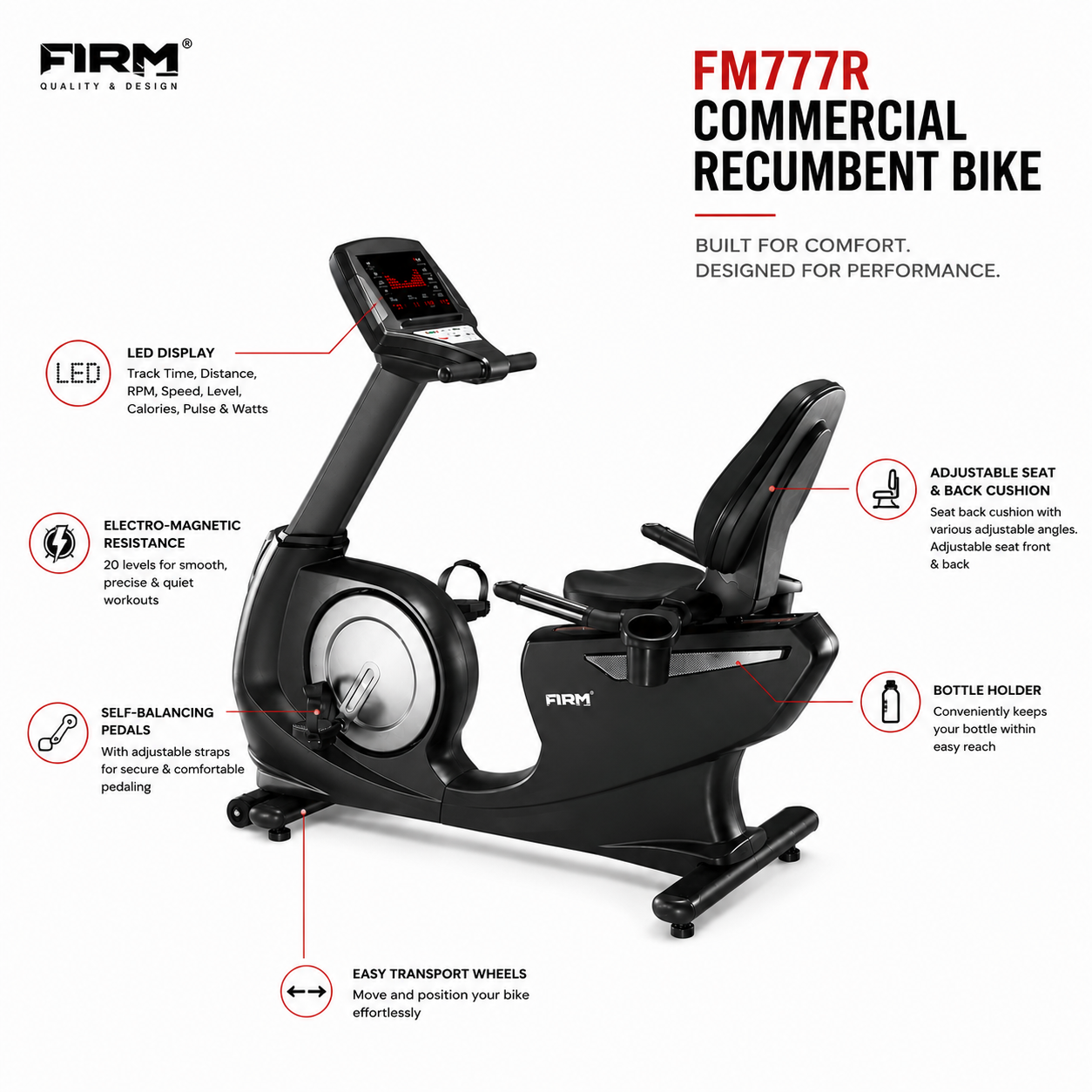 FIRM FM777R Commercial Recumbent Bike with Self-Generator System & 20 Resistance Levels