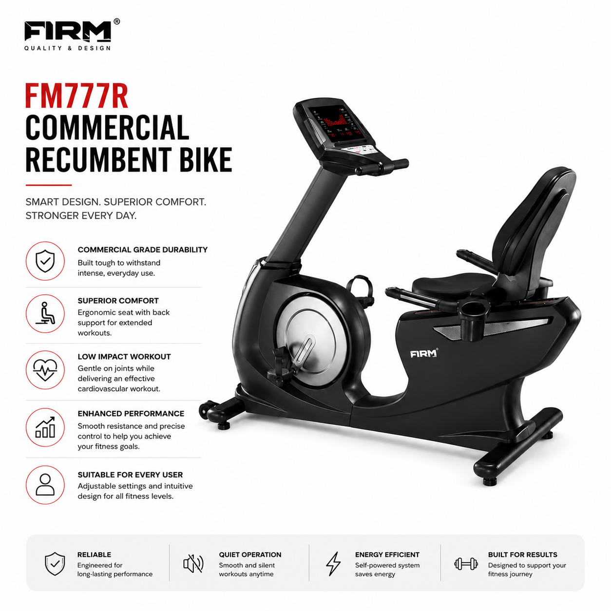 FIRM FM777R Commercial Recumbent Bike with Self-Generator System & 20 Resistance Levels