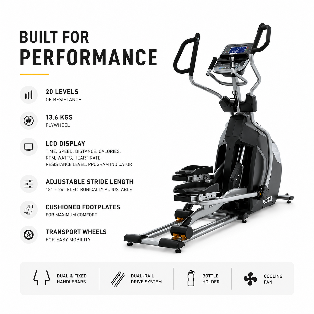 Spirit XE895 Elliptical Cross Trainer with Adjustable Stride & 20-Level Resistance