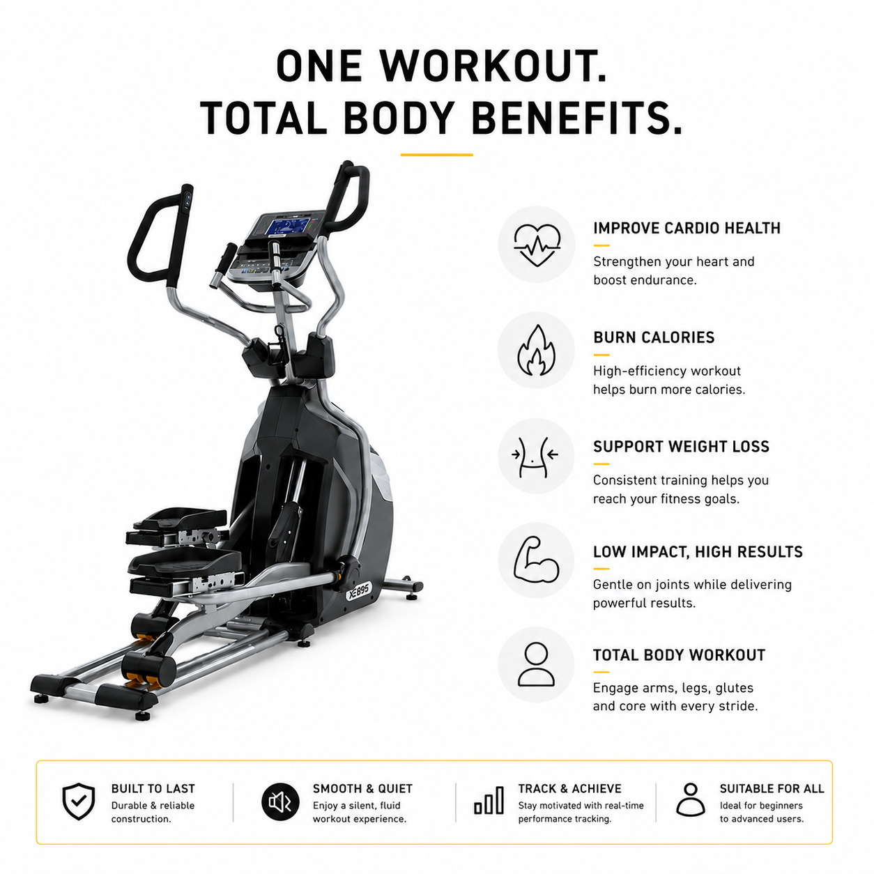 Spirit XE895 Elliptical Cross Trainer with Adjustable Stride & 20-Level Resistance