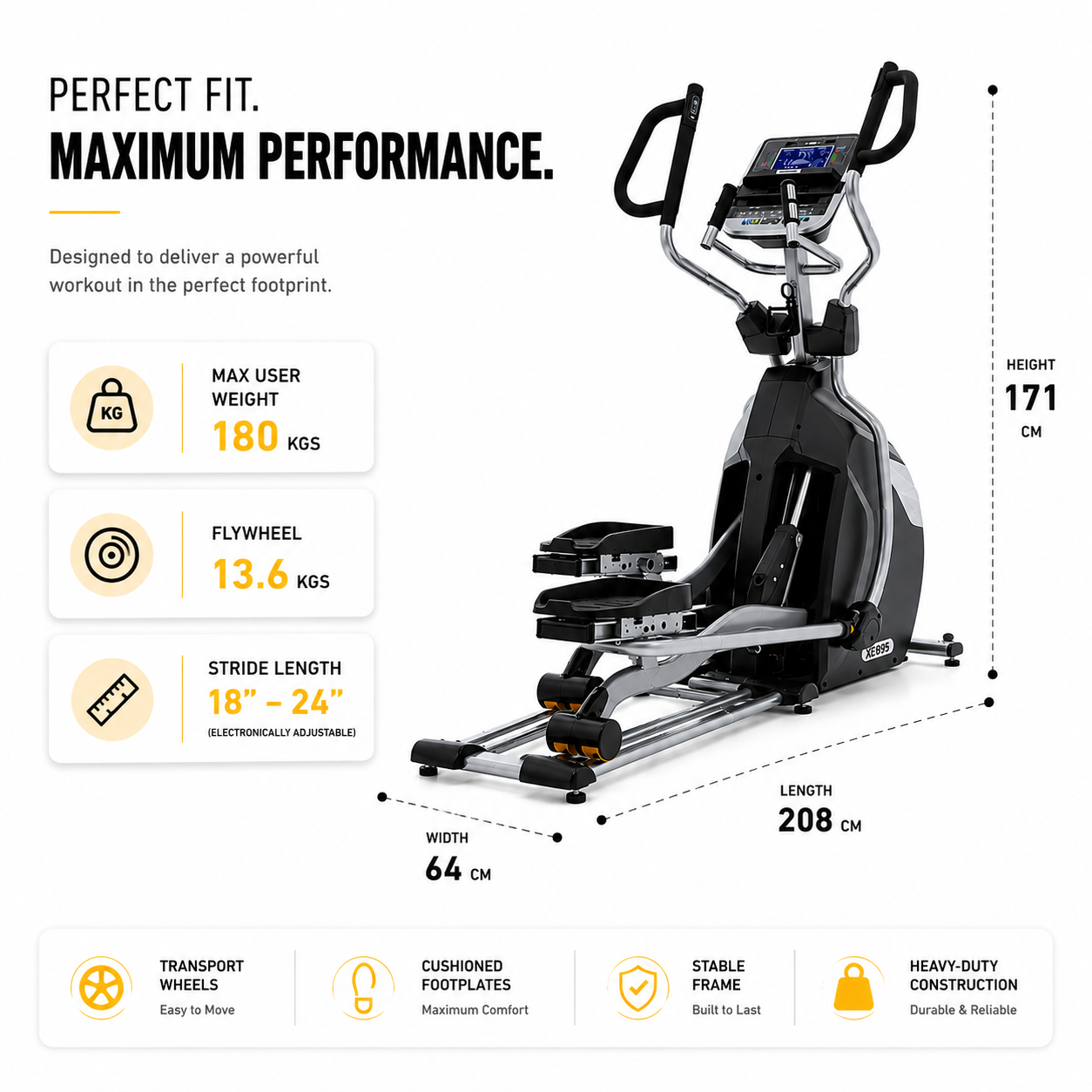 Spirit XE895 Elliptical Cross Trainer with Adjustable Stride & 20-Level Resistance