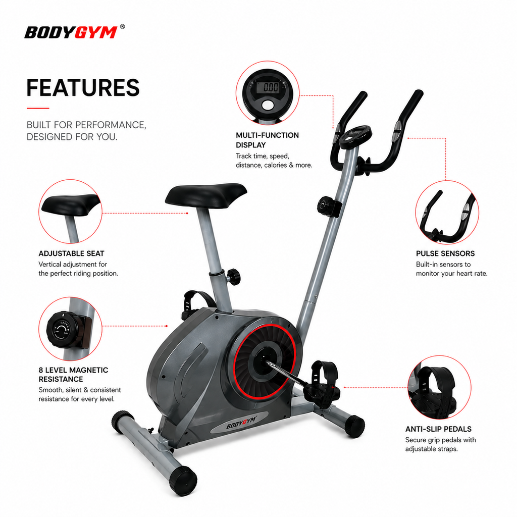 BODYGYM PHANTOM Upright Bike with 8-Level Magnetic Resistance for Home Fitness