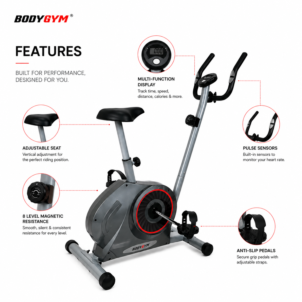 BODYGYM PHANTOM Upright Bike with 8-Level Magnetic Resistance for Home Fitness