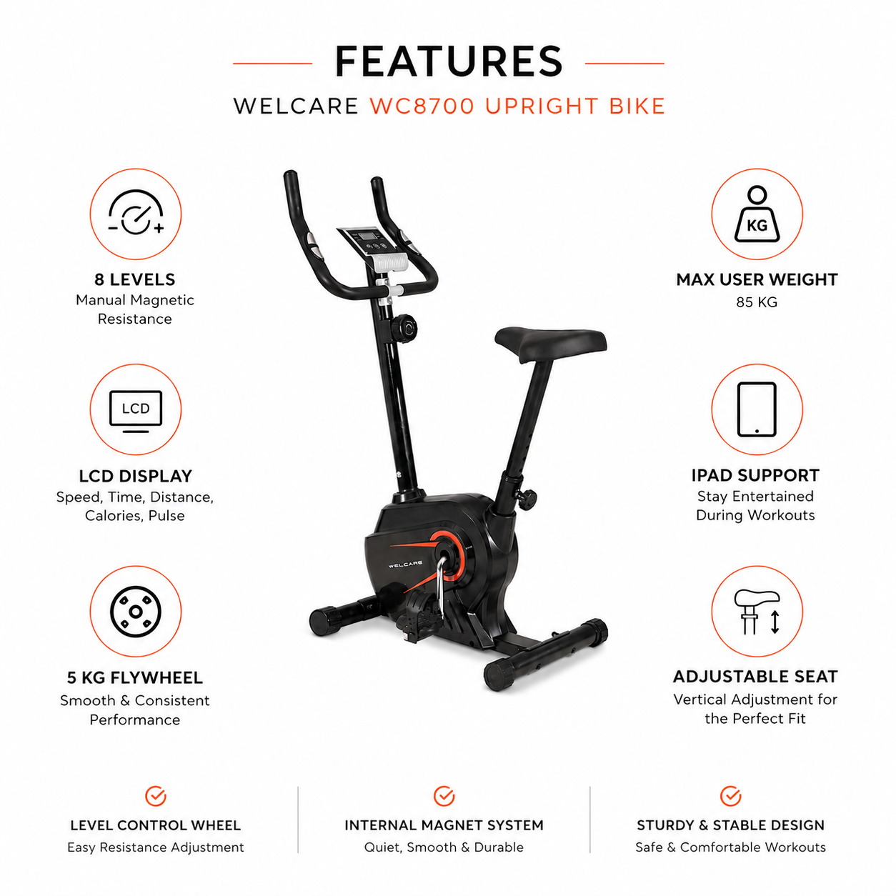 WELCARE WC8700 Upright Bike with 8-Level Magnetic Resistance & LCD Display