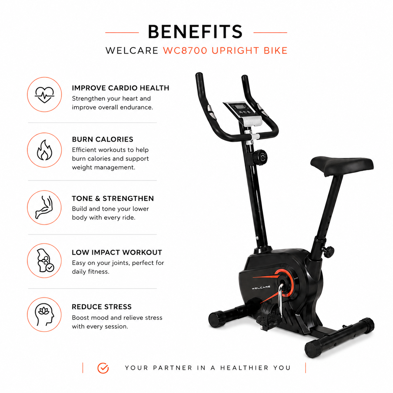 WELCARE WC8700 Upright Bike with 8-Level Magnetic Resistance & LCD Display