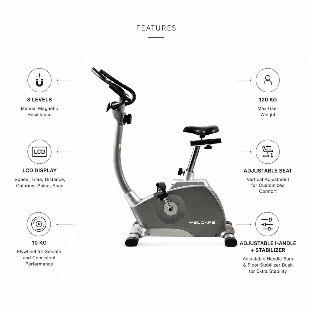 WELCARE WC8006 Upright Bike with 10 Kg Flywheel & 8-Level Magnetic Resistance