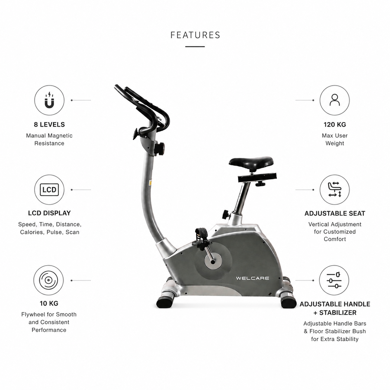 WELCARE WC8006 Upright Bike with 10 Kg Flywheel & 8-Level Magnetic Resistance
