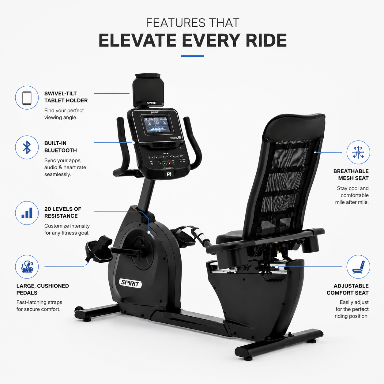 Spirit XBR55 Premium Recumbent Bike with Bluetooth Connectivity & 20-Level ECB Resistance