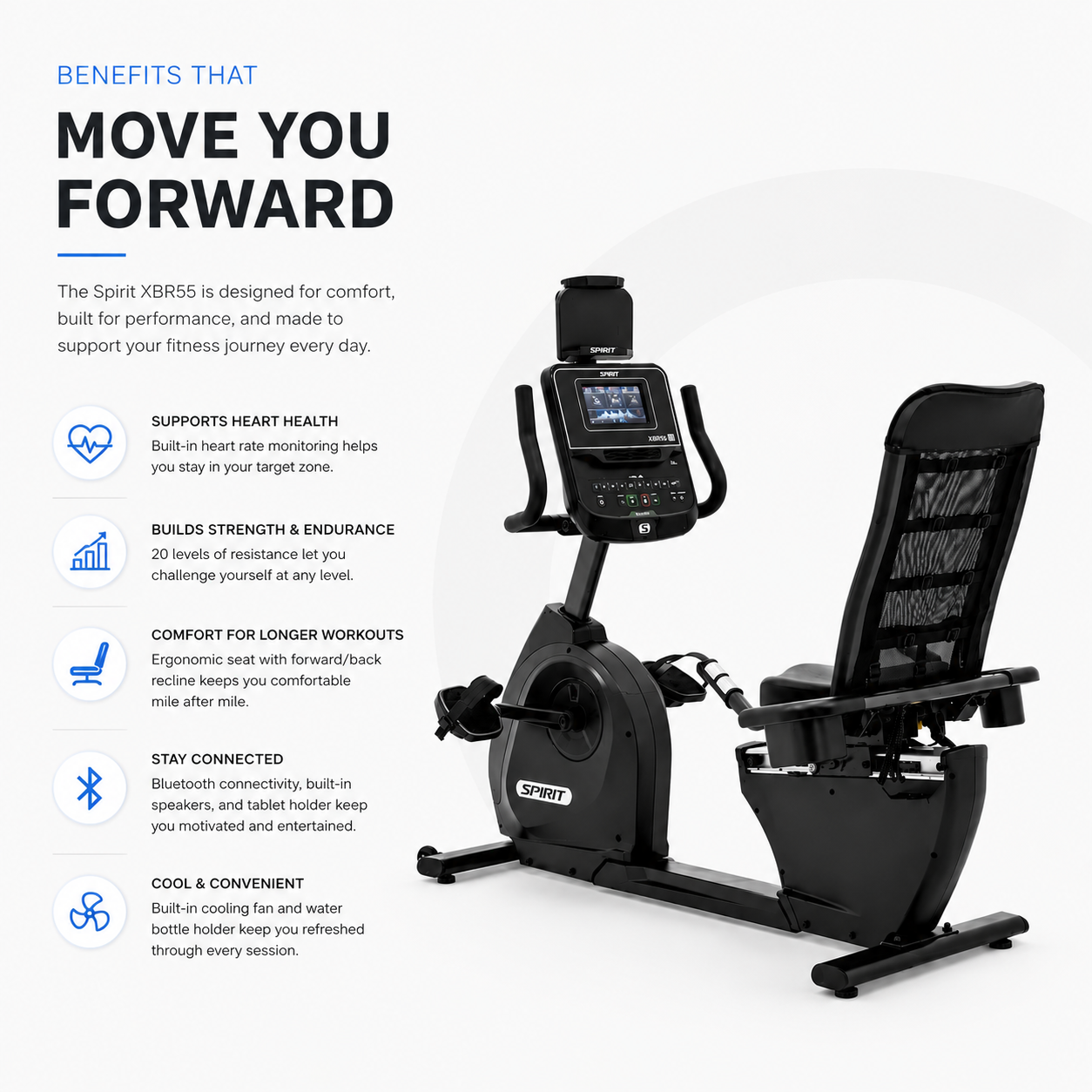 Spirit XBR55 Premium Recumbent Bike with Bluetooth Connectivity & 20-Level ECB Resistance