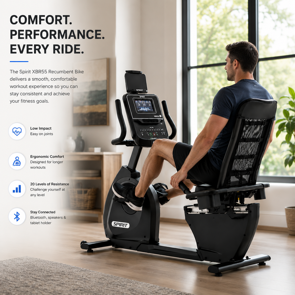 Spirit XBR55 Premium Recumbent Bike with Bluetooth Connectivity & 20-Level ECB Resistance