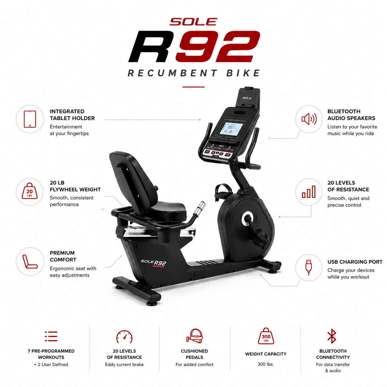 Sole R92 Premium Recumbent Bike with Bluetooth Speakers & 20 Resistance Levels