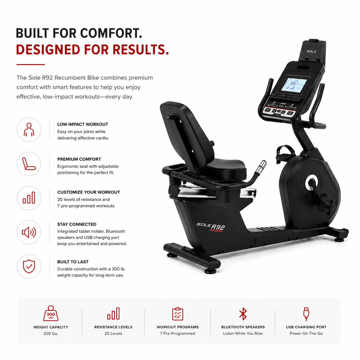 Sole R92 Premium Recumbent Bike with Bluetooth Speakers & 20 Resistance Levels