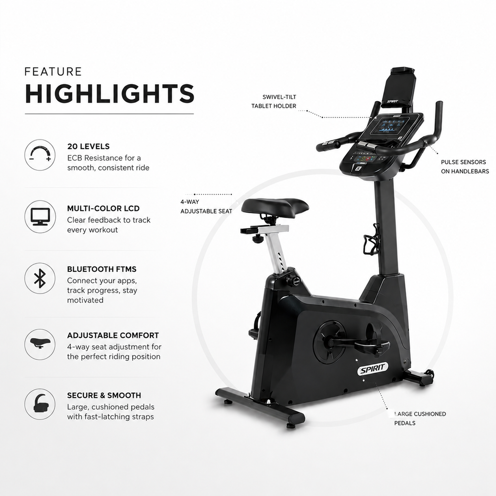 Spirit XBU55 Upright Bike with Bluetooth Connectivity & 20-Level ECB Resistance