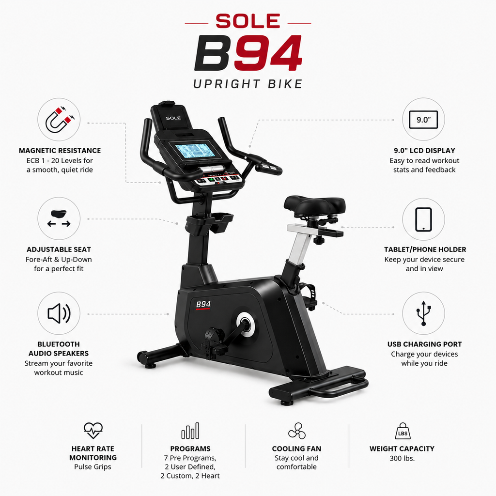 Sole B94 Upright Bike with 20-Level ECB Resistance & Bluetooth Connectivity