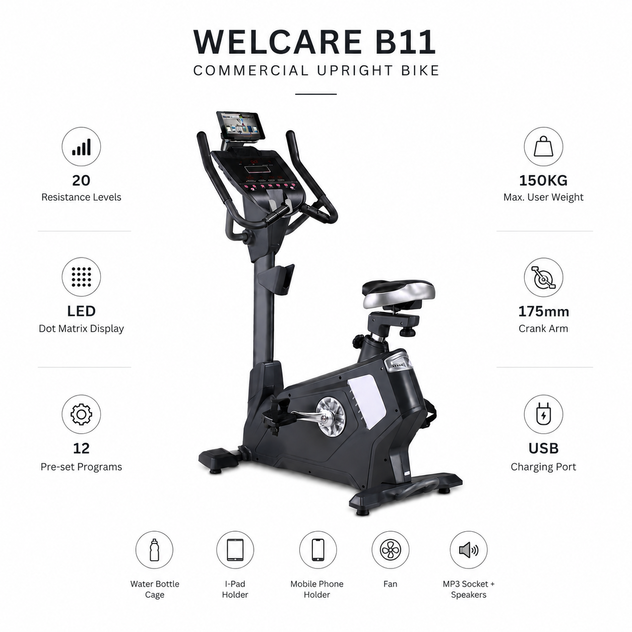 WELCARE B11 Commercial Upright Bike with 20 Resistance Levels & LED Dot Matrix Display