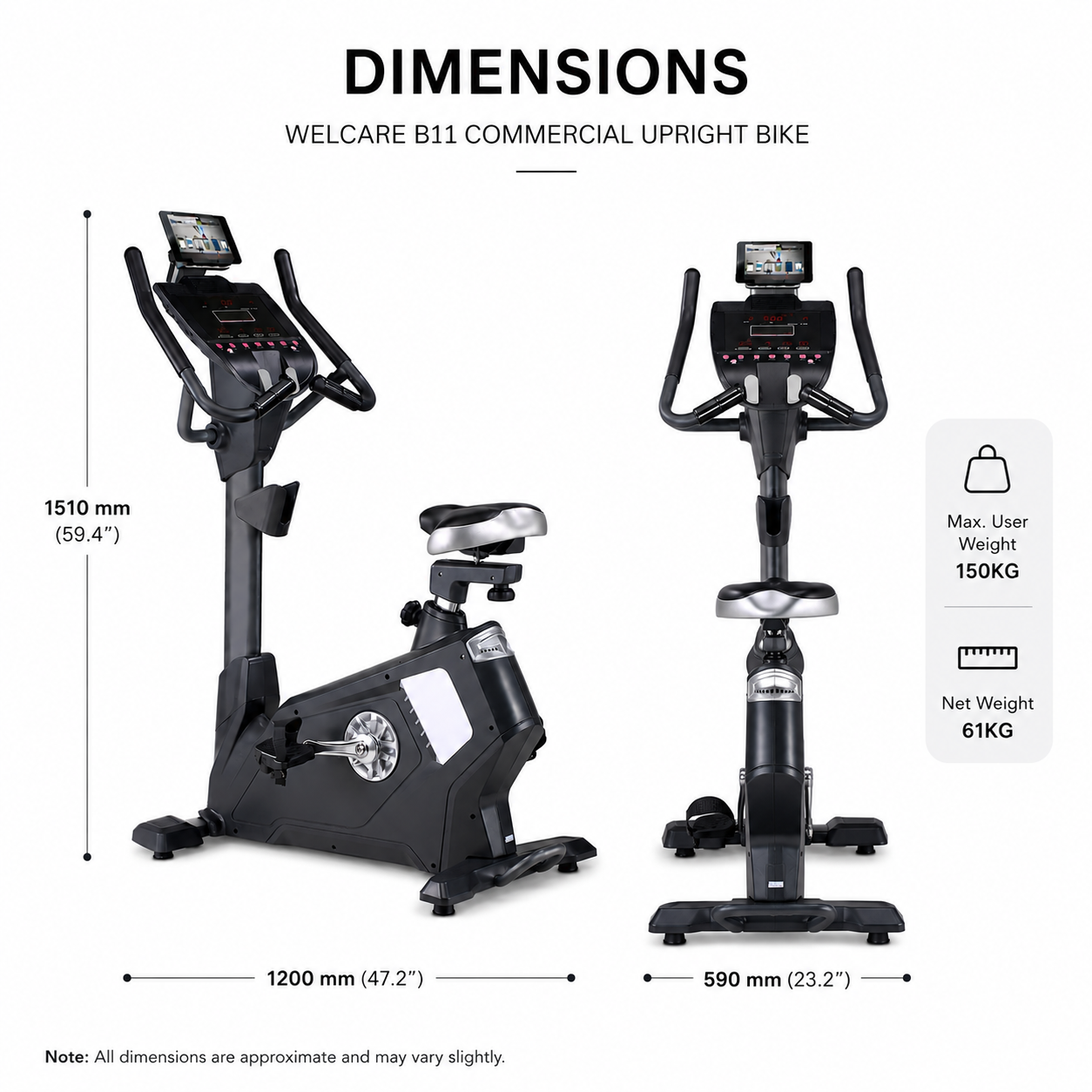 WELCARE B11 Commercial Upright Bike with 20 Resistance Levels & LED Dot Matrix Display